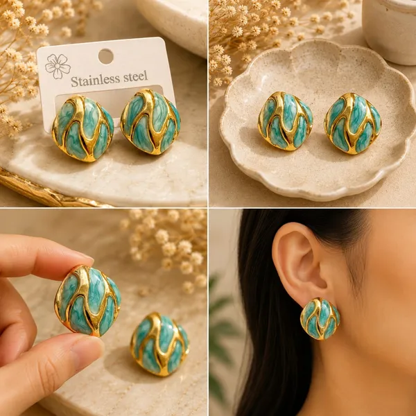 Aqua_Blue_Enamel_Round_Stud_Earrings_For_Women_Gold_Tone_Wavy_Pattern_Elegant_Trendy_Fashion_Jewellery_For_Casual_Party_Festive_Wear