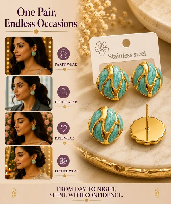 Aqua_Blue_Enamel_Round_Stud_Earrings_For_Women_Gold_Tone_Wavy_Pattern_Elegant_Trendy_Fashion_Jewellery_For_Casual_Party_Festive_Wear