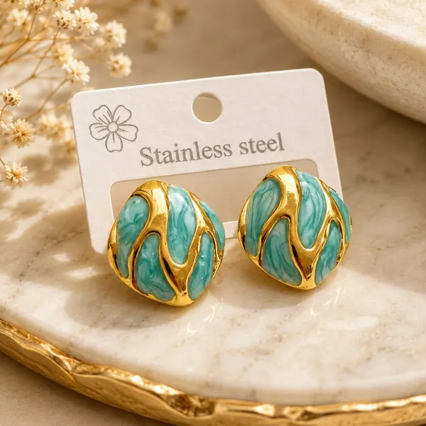 Aqua_Blue_Enamel_Round_Stud_Earrings_For_Women_Gold_Tone_Wavy_Pattern_Elegant_Trendy_Fashion_Jewellery_For_Casual_Party_Festive_Wear