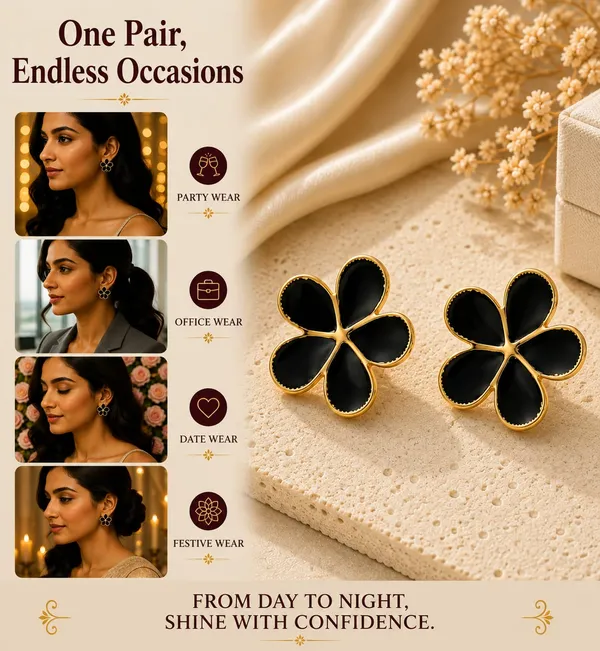 Elegant_Black_Flower_Stud_Earrings_For_Women_Gold_Tone_Five_Petal_Floral_Design_Stylish_Minimalist_Fashion_Jewellery_For_Party_Festive_Office_And_Everyday_Wear