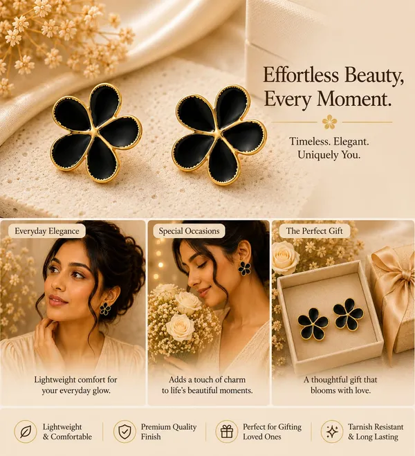 Elegant_Black_Flower_Stud_Earrings_For_Women_Gold_Tone_Five_Petal_Floral_Design_Stylish_Minimalist_Fashion_Jewellery_For_Party_Festive_Office_And_Everyday_Wear
