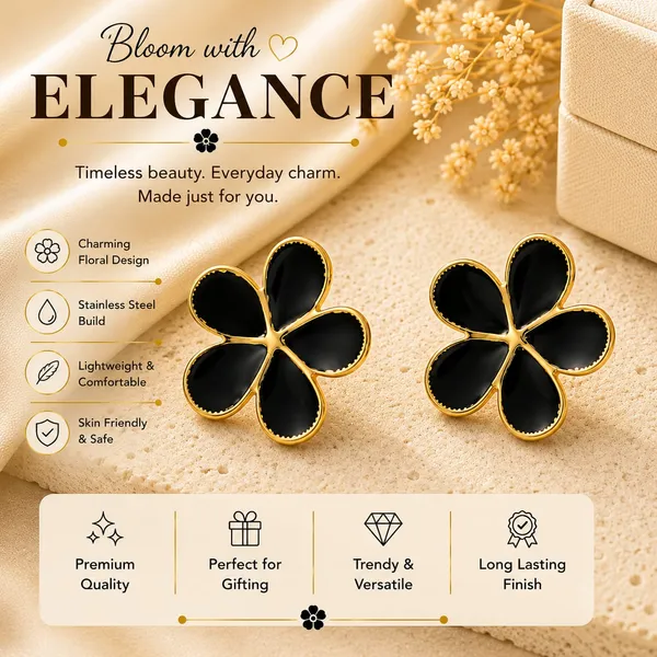 Elegant_Black_Flower_Stud_Earrings_For_Women_Gold_Tone_Five_Petal_Floral_Design_Stylish_Minimalist_Fashion_Jewellery_For_Party_Festive_Office_And_Everyday_Wear