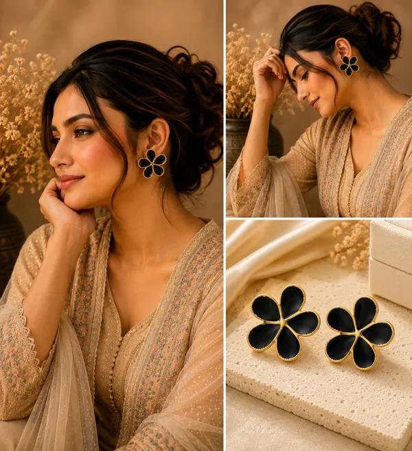Elegant_Black_Flower_Stud_Earrings_For_Women_Gold_Tone_Five_Petal_Floral_Design_Stylish_Minimalist_Fashion_Jewellery_For_Party_Festive_Office_And_Everyday_Wear