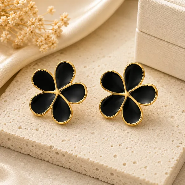Elegant_Black_Flower_Stud_Earrings_For_Women_Gold_Tone_Five_Petal_Floral_Design_Stylish_Minimalist_Fashion_Jewellery_For_Party_Festive_Office_And_Everyday_Wear
