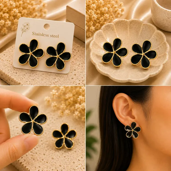 Elegant_Black_Flower_Stud_Earrings_For_Women_Gold_Tone_Five_Petal_Floral_Design_Stylish_Minimalist_Fashion_Jewellery_For_Party_Festive_Office_And_Everyday_Wear