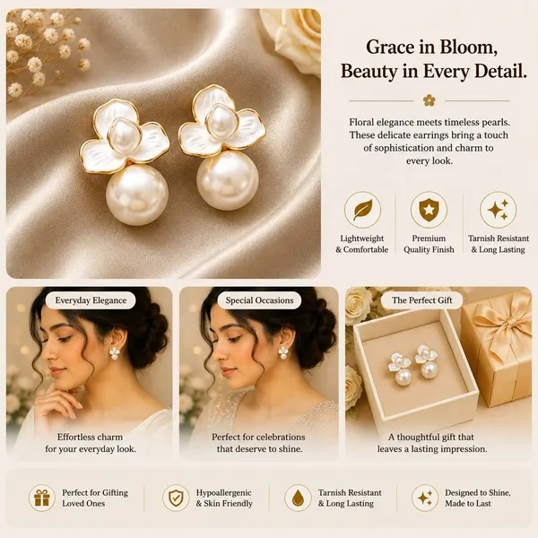 Elegant_White_Floral_Pearl_Drop_Earrings_For_Women_Gold_Tone_Flower_Stud_Earrings_With_Large_Faux_Pearl_Drops_Chic_Minimal_Fashion_Jewellery_For_Party_Wedding_Festive_And_Special_Occasion_Wear