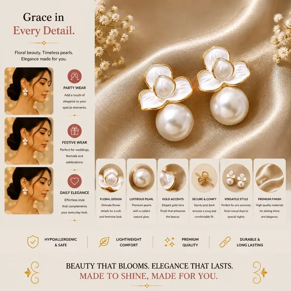 Elegant_White_Floral_Pearl_Drop_Earrings_For_Women_Gold_Tone_Flower_Stud_Earrings_With_Large_Faux_Pearl_Drops_Chic_Minimal_Fashion_Jewellery_For_Party_Wedding_Festive_And_Special_Occasion_Wear