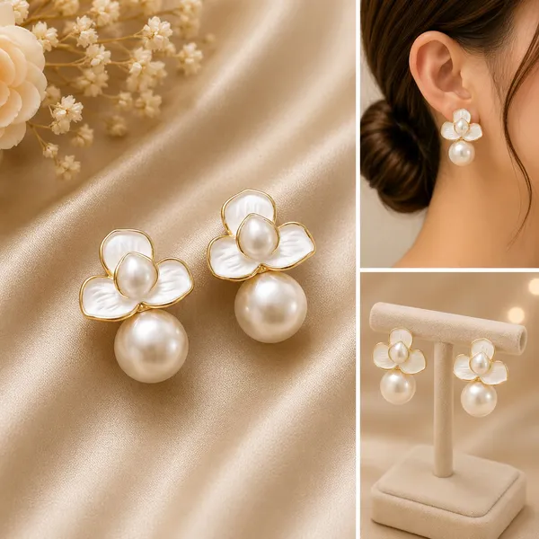 Elegant_White_Floral_Pearl_Drop_Earrings_For_Women_Gold_Tone_Flower_Stud_Earrings_With_Large_Faux_Pearl_Drops_Chic_Minimal_Fashion_Jewellery_For_Party_Wedding_Festive_And_Special_Occasion_Wear