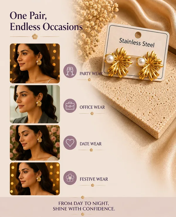 Elegant_Gold_Tone_Flower_Stud_Earrings_For_Women_With_Pearl_Detail_Floral_Statement_Design_Stainless_Steel_Fashion_Jewellery_Stylish_Party_Wear_Earrings_For_Girls_Festive_And_Everyday_Outfits