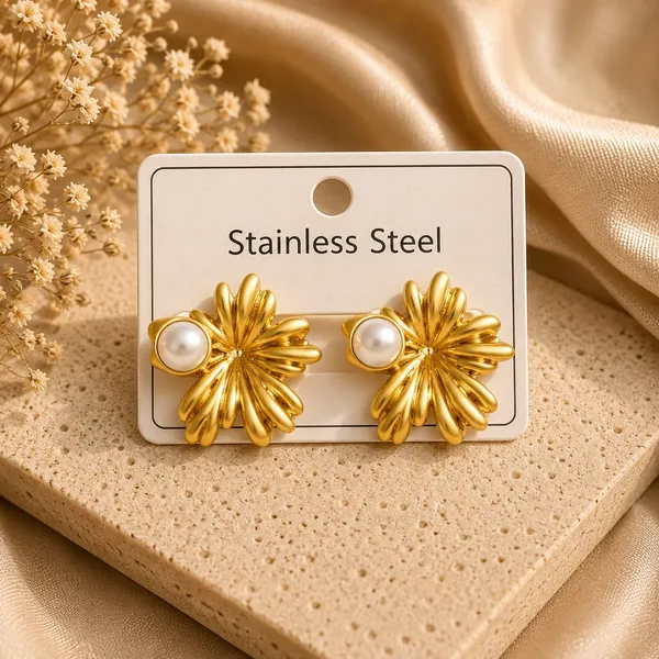 Elegant_Gold_Tone_Flower_Stud_Earrings_For_Women_With_Pearl_Detail_Floral_Statement_Design_Stainless_Steel_Fashion_Jewellery_Stylish_Party_Wear_Earrings_For_Girls_Festive_And_Everyday_Outfits