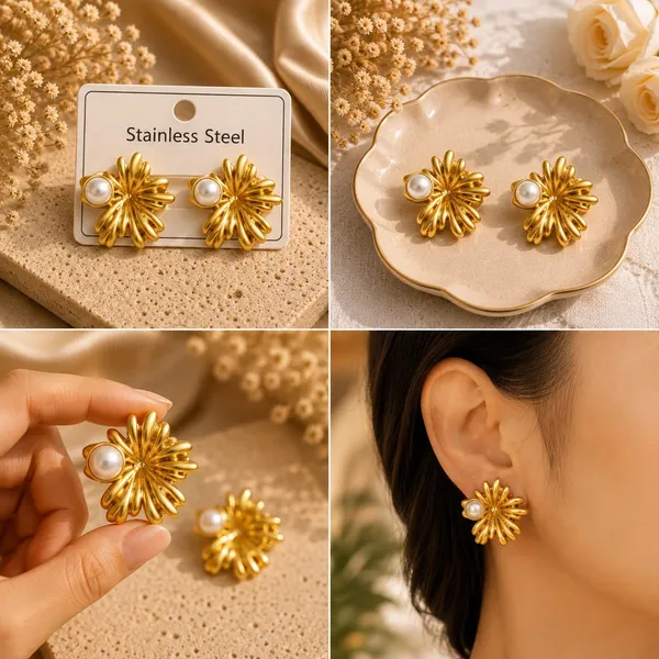 Elegant_Gold_Tone_Flower_Stud_Earrings_For_Women_With_Pearl_Detail_Floral_Statement_Design_Stainless_Steel_Fashion_Jewellery_Stylish_Party_Wear_Earrings_For_Girls_Festive_And_Everyday_Outfits