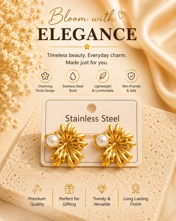 Elegant_Gold_Tone_Flower_Stud_Earrings_For_Women_With_Pearl_Detail_Floral_Statement_Design_Stainless_Steel_Fashion_Jewellery_Stylish_Party_Wear_Earrings_For_Girls_Festive_And_Everyday_Outfits