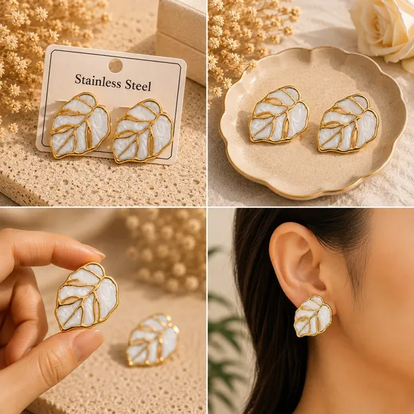 Elegant_White_Leaf_Stud_Earrings_For_Women_Gold_Tone_Botanical_Leaf_Design_Stainless_Steel_Fashion_Jewellery_Stylish_Statement_Earrings_For_Girls_Party_Wear_Festive_Wedding_And_Everyday_Accessories