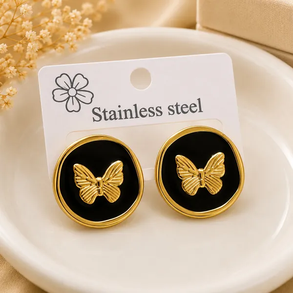 Elegant_Black_Butterfly_Stud_Earrings_For_Women_Gold_Tone_Round_Earrings_With_Glossy_Finish_Cute_Fashion_Jewellery_For_Party_Office_Festive_And_Everyday_Wear