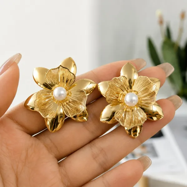 Elegant_Gold_Tone_Floral_Stud_Earrings_For_Women_With_Pearl_Center_Layered_Flower_Design_Textured_Petal_Detailing_Trendy_Fashion_Jewellery_For_Party_Festive_And_Daily_Wear