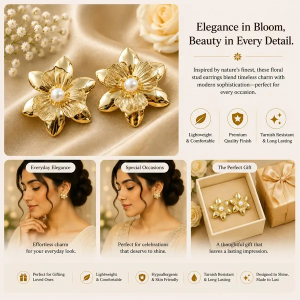 Elegant_Gold_Tone_Floral_Stud_Earrings_For_Women_With_Pearl_Center_Layered_Flower_Design_Textured_Petal_Detailing_Trendy_Fashion_Jewellery_For_Party_Festive_And_Daily_Wear