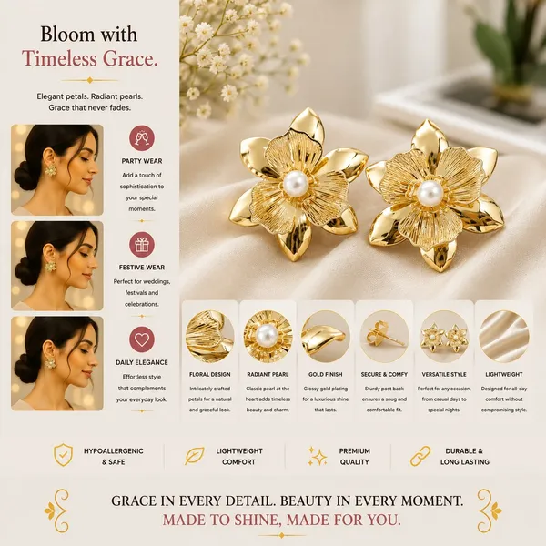 Elegant_Gold_Tone_Floral_Stud_Earrings_For_Women_With_Pearl_Center_Layered_Flower_Design_Textured_Petal_Detailing_Trendy_Fashion_Jewellery_For_Party_Festive_And_Daily_Wear