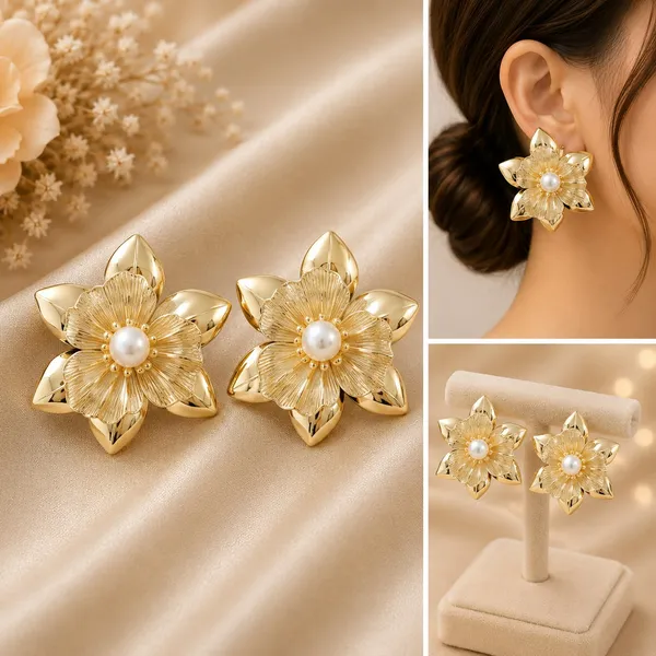 Elegant_Gold_Tone_Floral_Stud_Earrings_For_Women_With_Pearl_Center_Layered_Flower_Design_Textured_Petal_Detailing_Trendy_Fashion_Jewellery_For_Party_Festive_And_Daily_Wear