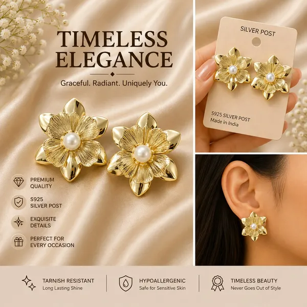 Elegant_Gold_Tone_Floral_Stud_Earrings_For_Women_With_Pearl_Center_Layered_Flower_Design_Textured_Petal_Detailing_Trendy_Fashion_Jewellery_For_Party_Festive_And_Daily_Wear