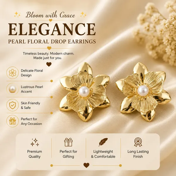 Elegant_Gold_Tone_Floral_Stud_Earrings_For_Women_With_Pearl_Center_Layered_Flower_Design_Textured_Petal_Detailing_Trendy_Fashion_Jewellery_For_Party_Festive_And_Daily_Wear