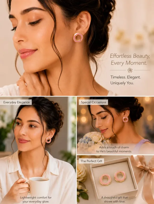 Elegant_Pink_Enamel_Round_Stud_Earrings_For_Women_Gold_Tone_Open_Circle_Design_Stylish_Minimalist_Fashion_Jewellery_For_Party_Office_Festive_And_Everyday_Wear