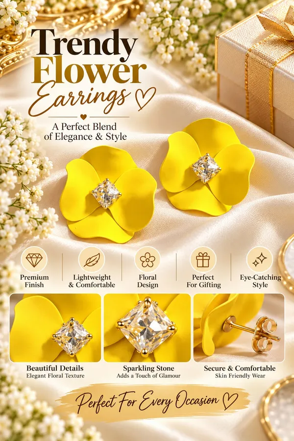 Elegant_Yellow_Flower_Stud_Earrings_For_Women_With_Sparkling_Crystal_Center_Statement_Floral_Fashion_Jewellery_For_Party_Festive_And_Special_Occasions