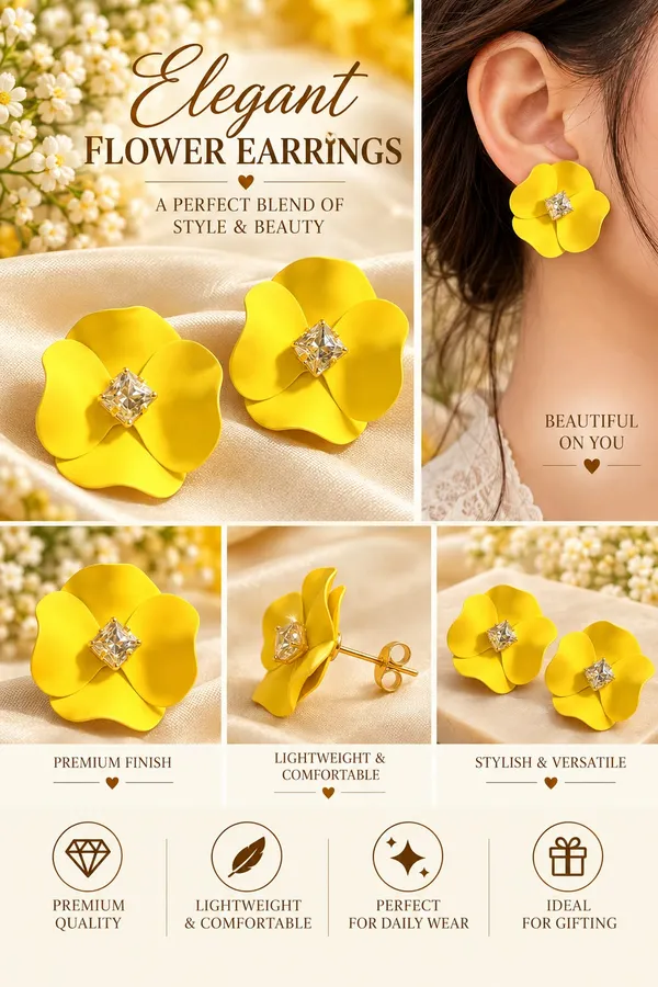 Elegant_Yellow_Flower_Stud_Earrings_For_Women_With_Sparkling_Crystal_Center_Statement_Floral_Fashion_Jewellery_For_Party_Festive_And_Special_Occasions