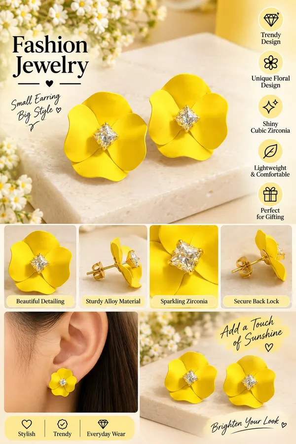 Elegant_Yellow_Flower_Stud_Earrings_For_Women_With_Sparkling_Crystal_Center_Statement_Floral_Fashion_Jewellery_For_Party_Festive_And_Special_Occasions
