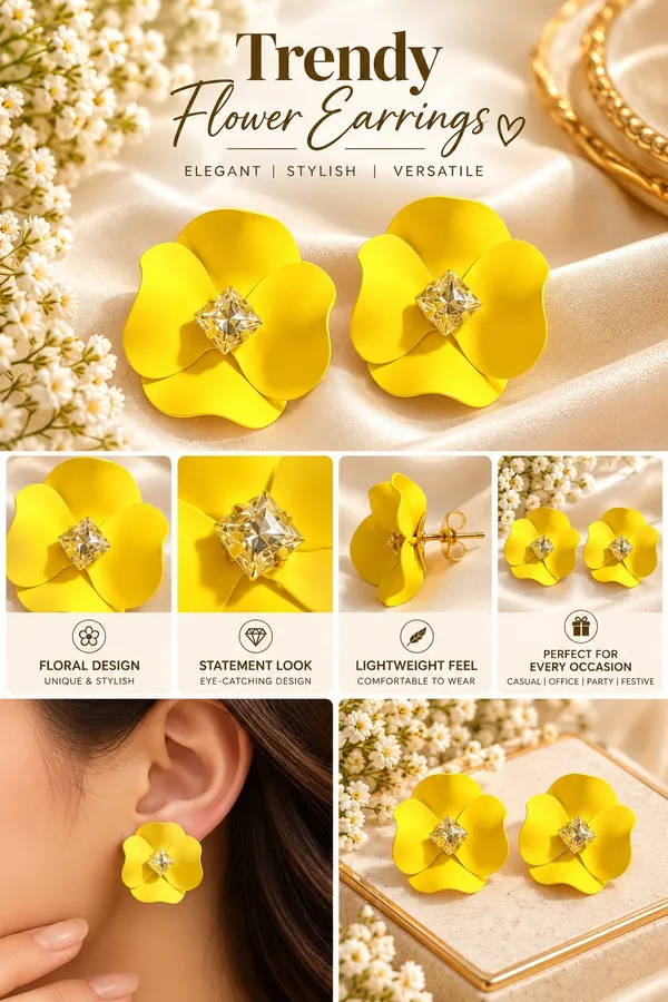 Elegant_Yellow_Flower_Stud_Earrings_For_Women_With_Sparkling_Crystal_Center_Statement_Floral_Fashion_Jewellery_For_Party_Festive_And_Special_Occasions
