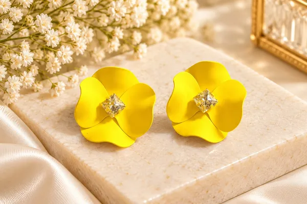 Elegant_Yellow_Flower_Stud_Earrings_For_Women_With_Sparkling_Crystal_Center_Statement_Floral_Fashion_Jewellery_For_Party_Festive_And_Special_Occasions