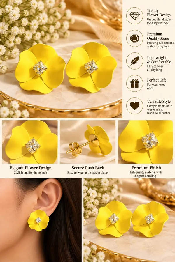 Elegant_Yellow_Flower_Stud_Earrings_For_Women_With_Sparkling_Crystal_Center_Statement_Floral_Fashion_Jewellery_For_Party_Festive_And_Special_Occasions