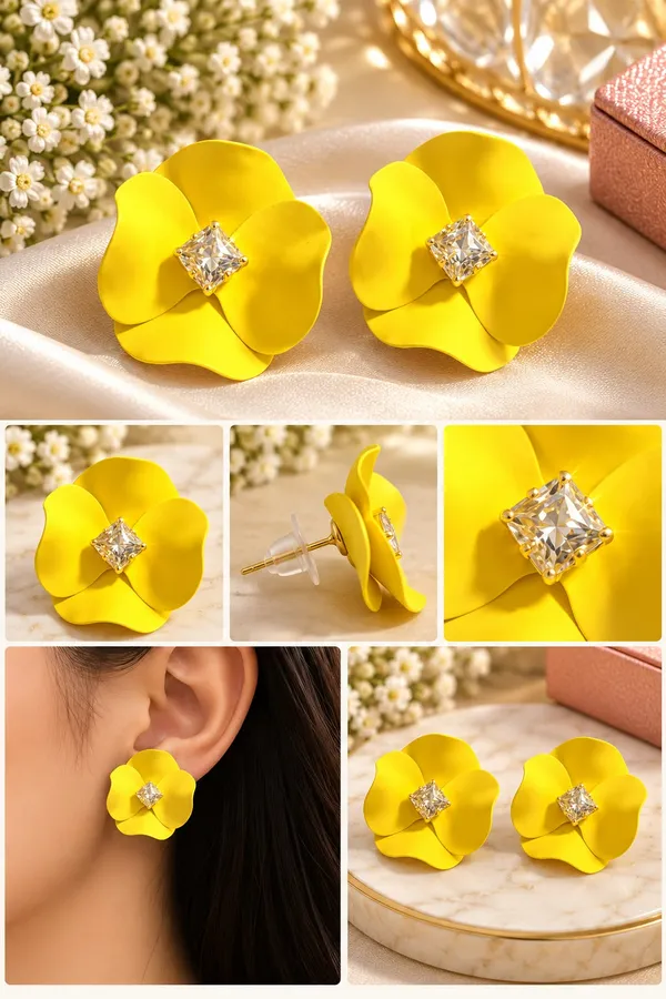 Elegant_Yellow_Flower_Stud_Earrings_For_Women_With_Sparkling_Crystal_Center_Statement_Floral_Fashion_Jewellery_For_Party_Festive_And_Special_Occasions