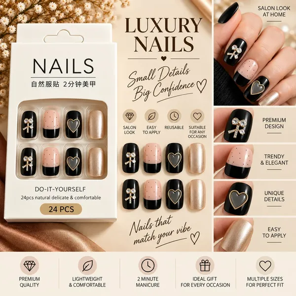 24_Pcs_Black_Nude_Press_On_Nails_For_Women_Glossy_Artificial_Nails_With_Heart_Bow_And_Pearl_Finish_Elegant_Diy_Nail_Art_Set_For_Parties