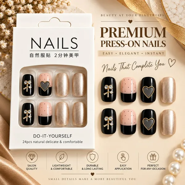 24_Pcs_Black_Nude_Press_On_Nails_For_Women_Glossy_Artificial_Nails_With_Heart_Bow_And_Pearl_Finish_Elegant_Diy_Nail_Art_Set_For_Parties