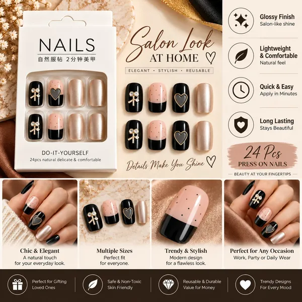 24_Pcs_Black_Nude_Press_On_Nails_For_Women_Glossy_Artificial_Nails_With_Heart_Bow_And_Pearl_Finish_Elegant_Diy_Nail_Art_Set_For_Parties