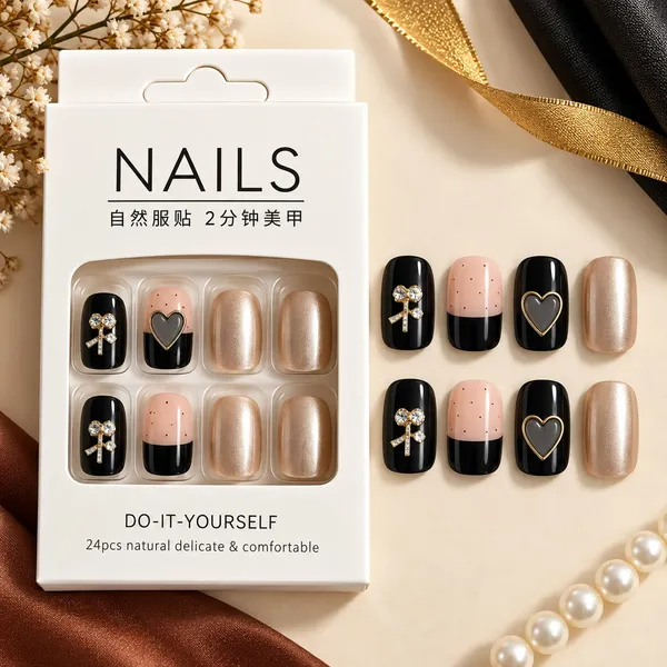 24_Pcs_Black_Nude_Press_On_Nails_For_Women_Glossy_Artificial_Nails_With_Heart_Bow_And_Pearl_Finish_Elegant_Diy_Nail_Art_Set_For_Parties