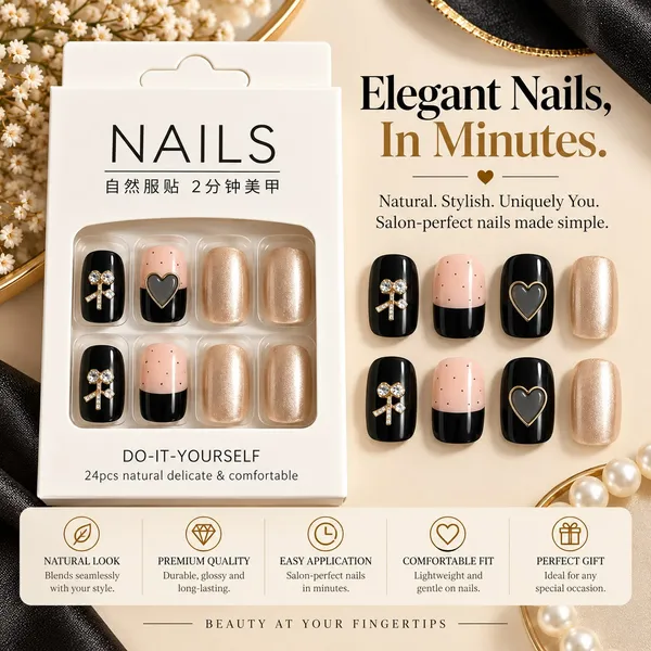 24_Pcs_Black_Nude_Press_On_Nails_For_Women_Glossy_Artificial_Nails_With_Heart_Bow_And_Pearl_Finish_Elegant_Diy_Nail_Art_Set_For_Parties