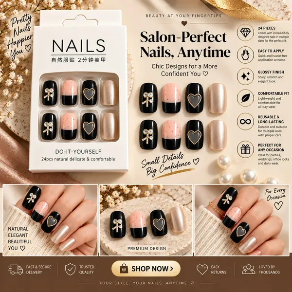 24_Pcs_Black_Nude_Press_On_Nails_For_Women_Glossy_Artificial_Nails_With_Heart_Bow_And_Pearl_Finish_Elegant_Diy_Nail_Art_Set_For_Parties