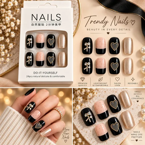 24_Pcs_Black_Nude_Press_On_Nails_For_Women_Glossy_Artificial_Nails_With_Heart_Bow_And_Pearl_Finish_Elegant_Diy_Nail_Art_Set_For_Parties