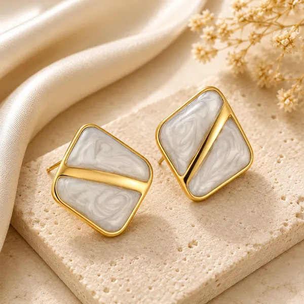 White_Marble_Effect_Geometric_Stud_Earrings_With_Gold_Tone_Finish_For_Women_Elegant_Minimal_Statement_Jewellery_Trendy_Party_Office_Festive_Casual_Wear