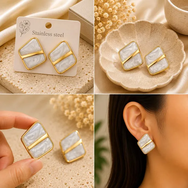 White_Marble_Effect_Geometric_Stud_Earrings_With_Gold_Tone_Finish_For_Women_Elegant_Minimal_Statement_Jewellery_Trendy_Party_Office_Festive_Casual_Wear