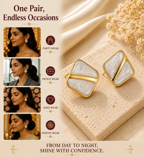 White_Marble_Effect_Geometric_Stud_Earrings_With_Gold_Tone_Finish_For_Women_Elegant_Minimal_Statement_Jewellery_Trendy_Party_Office_Festive_Casual_Wear