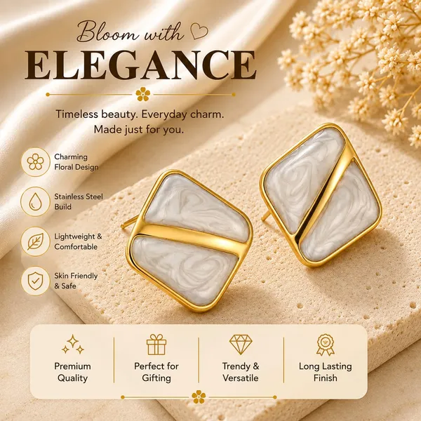 White_Marble_Effect_Geometric_Stud_Earrings_With_Gold_Tone_Finish_For_Women_Elegant_Minimal_Statement_Jewellery_Trendy_Party_Office_Festive_Casual_Wear