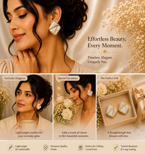White_Marble_Effect_Geometric_Stud_Earrings_With_Gold_Tone_Finish_For_Women_Elegant_Minimal_Statement_Jewellery_Trendy_Party_Office_Festive_Casual_Wear