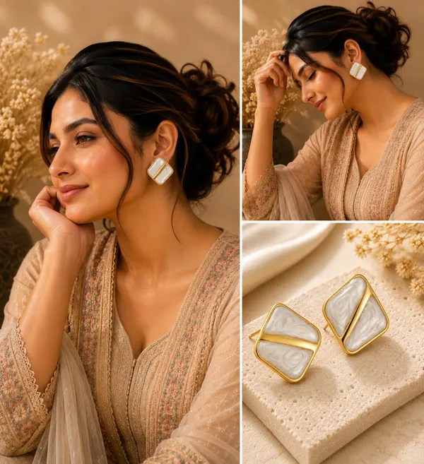 White_Marble_Effect_Geometric_Stud_Earrings_With_Gold_Tone_Finish_For_Women_Elegant_Minimal_Statement_Jewellery_Trendy_Party_Office_Festive_Casual_Wear