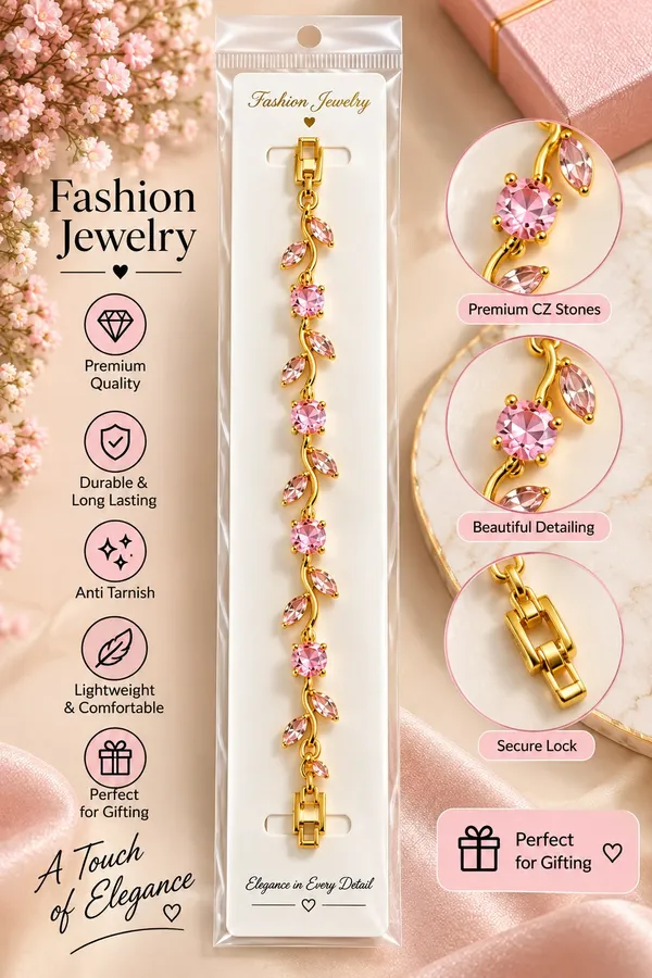 Elegant_Gold_Tone_Pink_Crystal_Leaf_Vine_Bracelet_For_Women_With_Sparkling_Round_And_Marquise_Stones_Floral_Inspired_Fashion_Jewellery_For_Party_Wedding_Festive_And_Everyday_Wear
