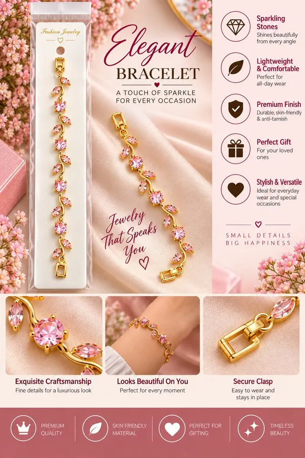 Elegant_Gold_Tone_Pink_Crystal_Leaf_Vine_Bracelet_For_Women_With_Sparkling_Round_And_Marquise_Stones_Floral_Inspired_Fashion_Jewellery_For_Party_Wedding_Festive_And_Everyday_Wear