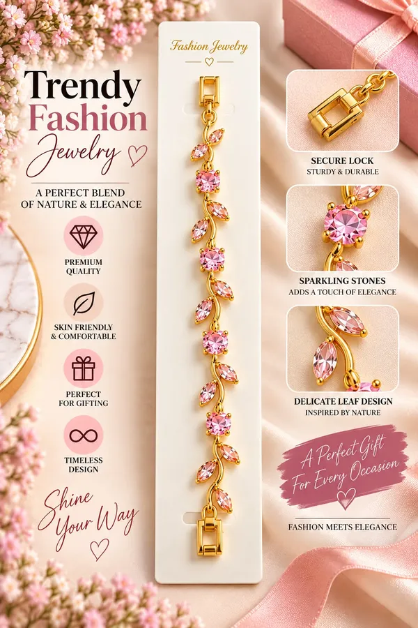 Elegant_Gold_Tone_Pink_Crystal_Leaf_Vine_Bracelet_For_Women_With_Sparkling_Round_And_Marquise_Stones_Floral_Inspired_Fashion_Jewellery_For_Party_Wedding_Festive_And_Everyday_Wear