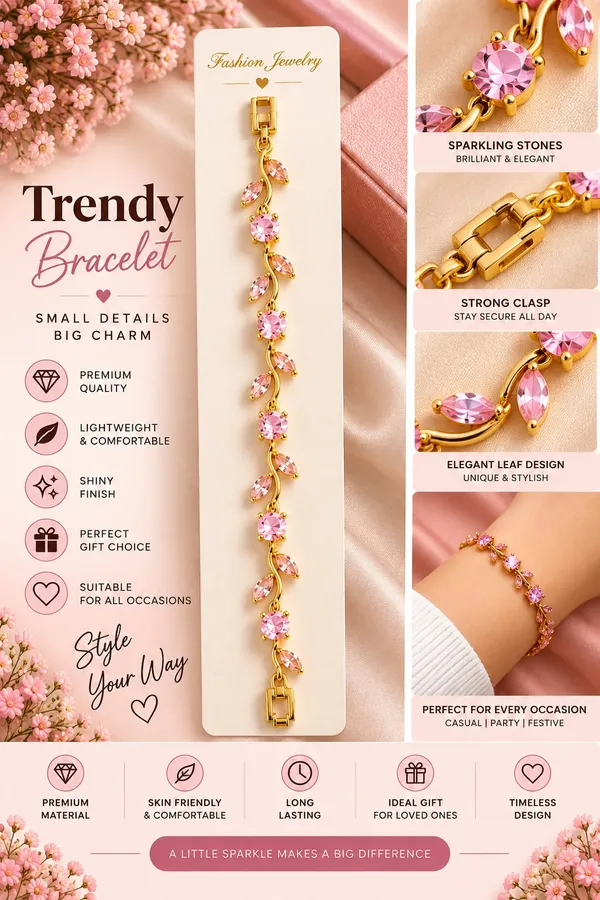 Elegant_Gold_Tone_Pink_Crystal_Leaf_Vine_Bracelet_For_Women_With_Sparkling_Round_And_Marquise_Stones_Floral_Inspired_Fashion_Jewellery_For_Party_Wedding_Festive_And_Everyday_Wear
