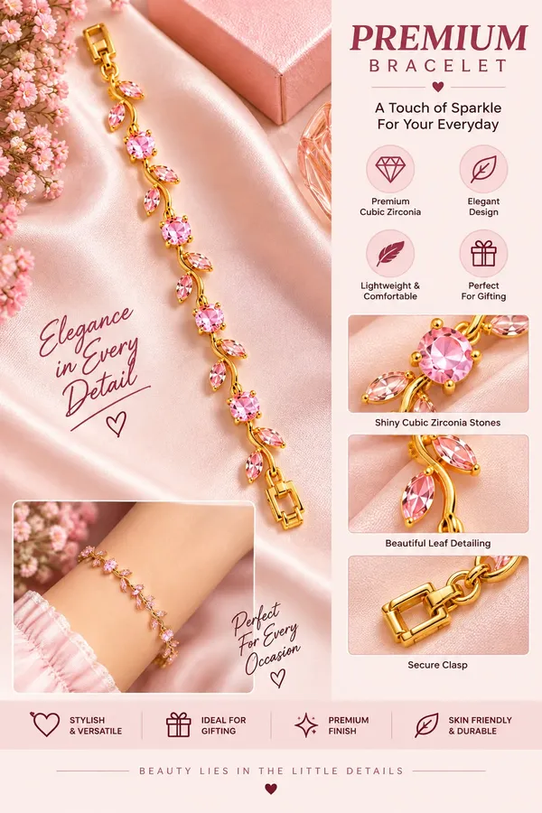 Elegant_Gold_Tone_Pink_Crystal_Leaf_Vine_Bracelet_For_Women_With_Sparkling_Round_And_Marquise_Stones_Floral_Inspired_Fashion_Jewellery_For_Party_Wedding_Festive_And_Everyday_Wear